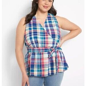 Lane Bryant‎ Classic Surplice-Neck Belted Top 22 NEW Plaid Halter Linen Cotton
